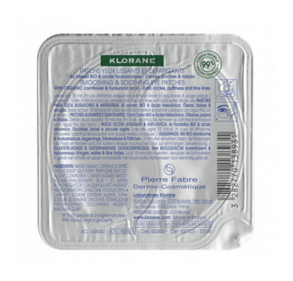 Parches Alisantes Antifatiga al Aciano BIO y Ácido Hialurónico,  7 Sobres x 2 Parches. - Klorane