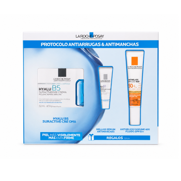 Protocolo  Antiarrugas y Antimanchas: Hyalu B5 Suractivated Crema, 50 ml. + Anthelios UVMUNE 400 Fluido SPF50+,15 ml. + Mela B3 Serum, 3 ml. - La Roche Posay