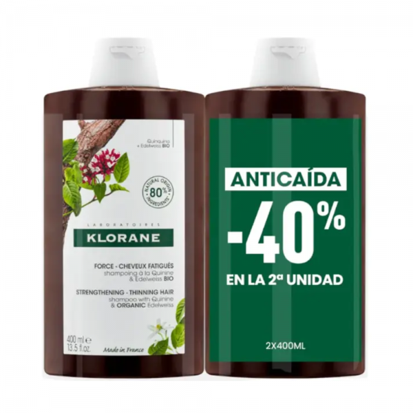 Duplo Champú a la Quinina y Edelweiss BIO, 400 ml. + 400 ml - Klorane