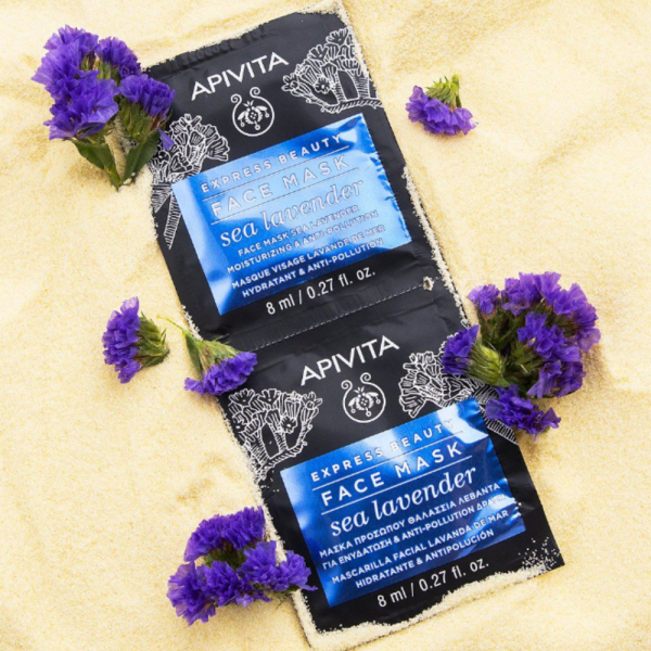Express Beauty Mascarilla Facial Hidratante y Antipolución con Lavanda de Mar, 2 x 8 ml. - Apivita