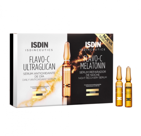 Isdinceutics Flavo-C Melatonin & Ultraglican, 10 ampollas de 2 ml. y 10 ampollas de 2 ml. - Isdin