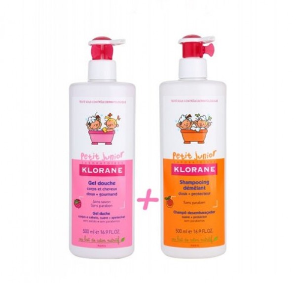 Pack Junior Champú Desenredante al Melocoton 500 ml.  + Gel de Baño a la Frambuesa 500 ml. - Klorane