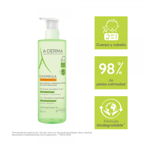 Pack Exomega Control Gel limpiador Emoliente 2 en 1 Anti-irritación, 500 ml. - A-Derma