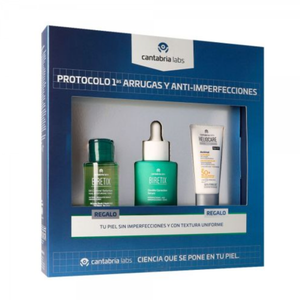 Pack Protocolo 1ª Arrugas y Anti-imperfeciones Biretix Double Correction Sérum, 30 ml + Regalo Minitalla Biretix Oil Control Solution + Regalo Minitalla Heliocare 360º Acnimat. - Cantabria Labs