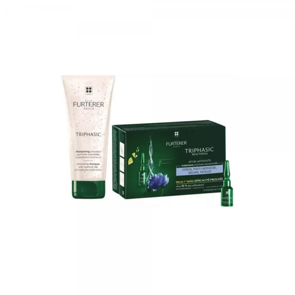 Pack Triphasic Reactional Tratamiento Anticaída, 12 x 5,5 ml. + Regalo  Triphasic Champú 100 ml. - René Furterer