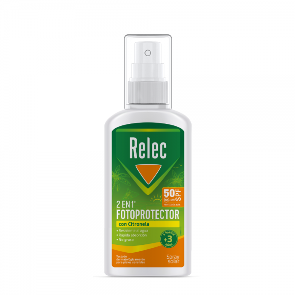 Relec 2 en 1 Fotoprotector SPF50 con Citronela, 100 ml. - Perrigo