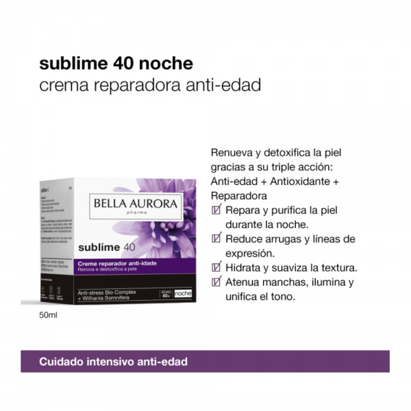 Sublime 40 Noche Crema Antioxidante Anti-edad, 50 ml. - Bella Aurora