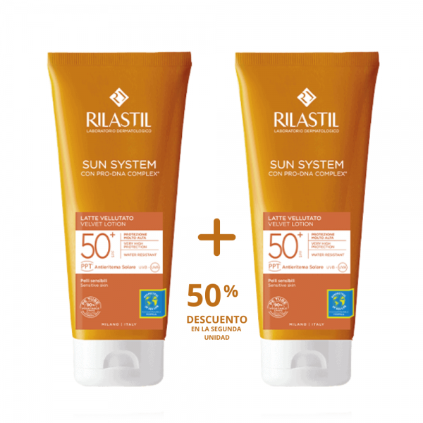 Pack Sun System Leche Velluto SPF 50+, 200 ml + 200 ml, 2ª ud al 50% de Descuento. - Rilastil