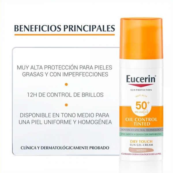 Sun Face Oil Control Crema con Color Tono Medio FPS50+, 50 ml. - Eucerin