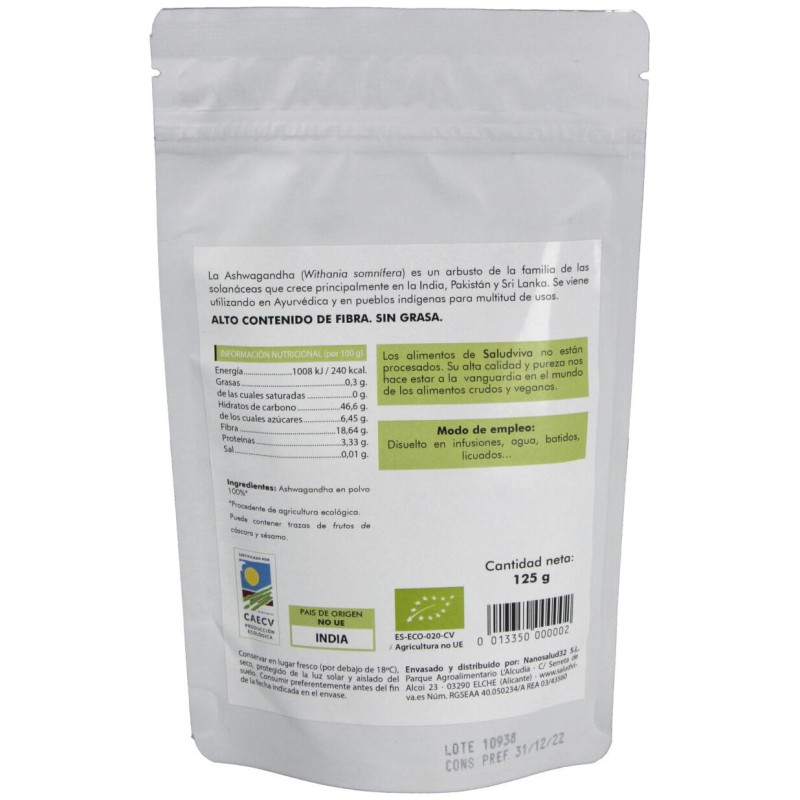 Ashwagandha en Polvo 125gr. Bio Sg S/a Vegan - Salud Viva