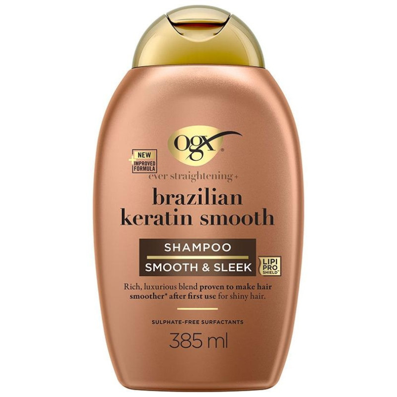 Champú Queratina Brasileña, Alisa y Nutre, Cabellos Ondulados o Rizados 385 ml - Ogx