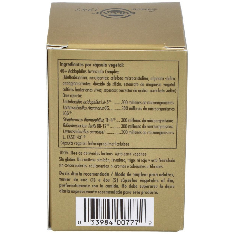 40 Plus Ácidophilus Avanzado Cápsulas Vegetales 60 u - Solgar