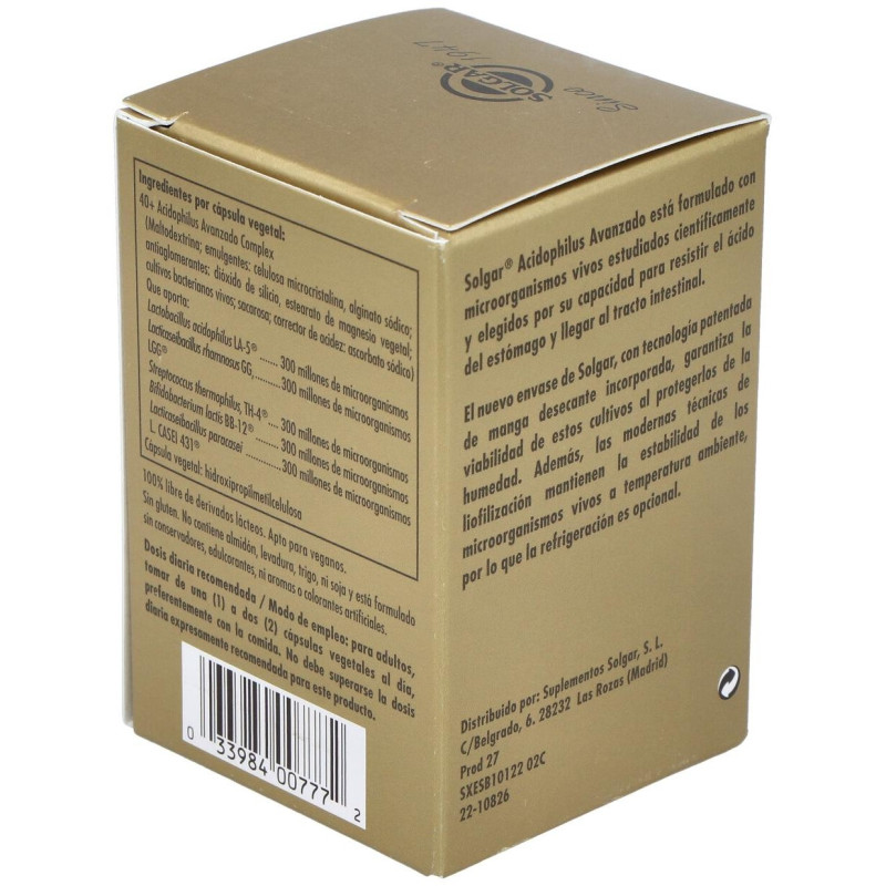 40 Plus Ácidophilus Avanzado Cápsulas Vegetales 60 u - Solgar