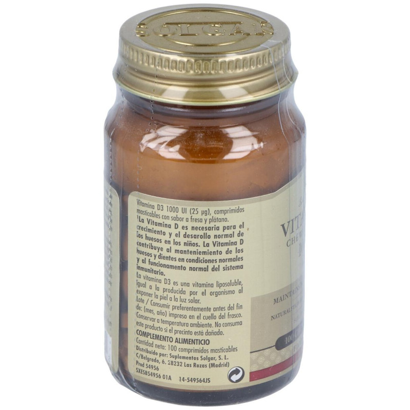 Vitamina D3 1000 Iu 25 Μg Comprimidos Masticables 100 u - Solgar