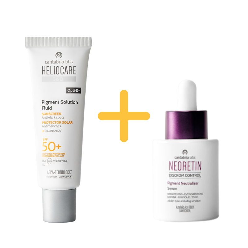 Pack Proteccion Solar Antimanchas: Heliocare 360° Pigment Solution SPF 50+, 50 ml.+ Neoretim Discrom Control Serum , 10 ml. de Regalo! - Cantabria Labs