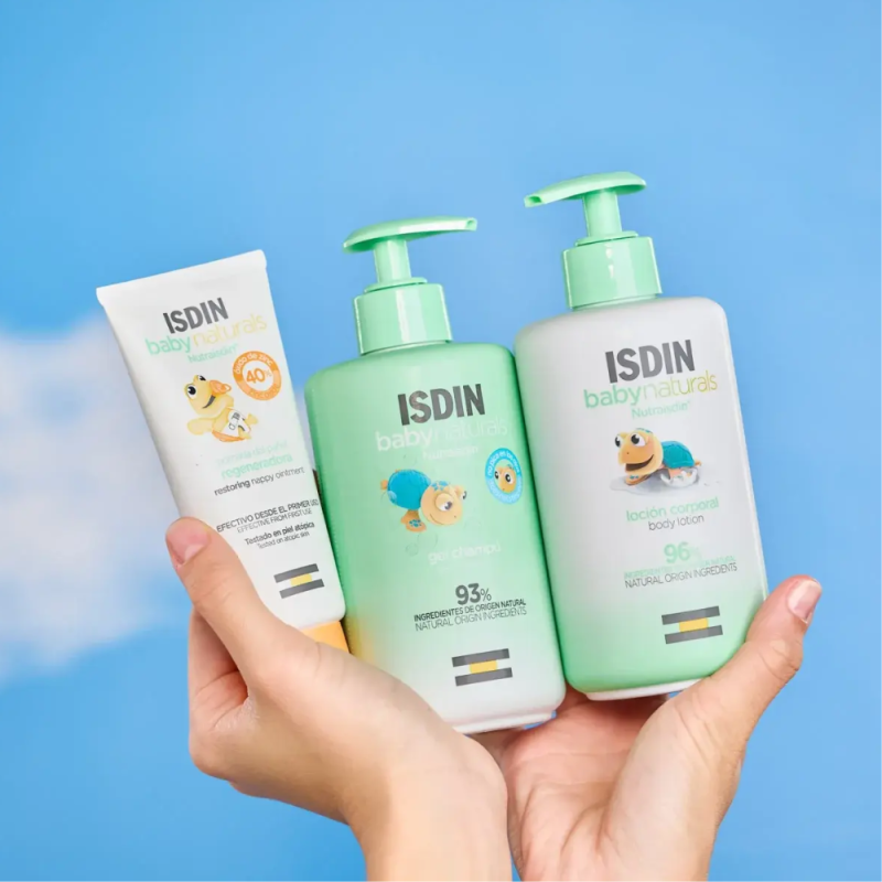 Pack Baby Naturals Canastilla: Gel-Champu, 400 ml. + Locion Corporal, 400 ml. +  Pomada del Pañal Regeneradora, 100 ml. + Tortuga de Baño + Neceser - Isdin