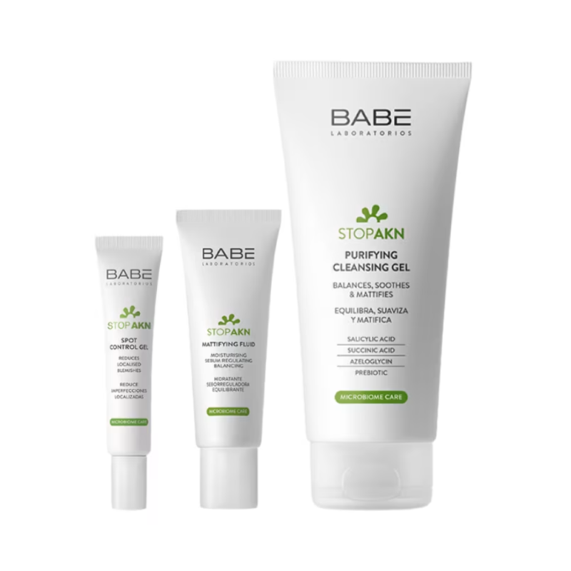 Rutina Stop AKN: Stop Akn Fluido Matificante, 40 ml. + Stop Akn Gel Spot Control, 10 ml. + Stop Akn Limpiador Purificante, 200 ml. - BABE