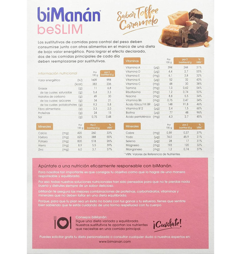 Bimanan Beslim Sustitutivo (10 Barritas 31 g Sabor Toffee Caramelo) - Nutricion Sante