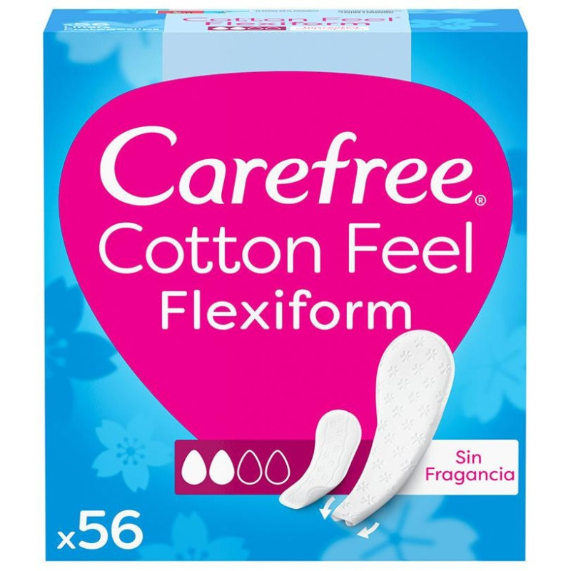 Algodón Normales - Protegeslips Transpirable sin Perfume, Flexible y Ultrafino 56 u - Carefree