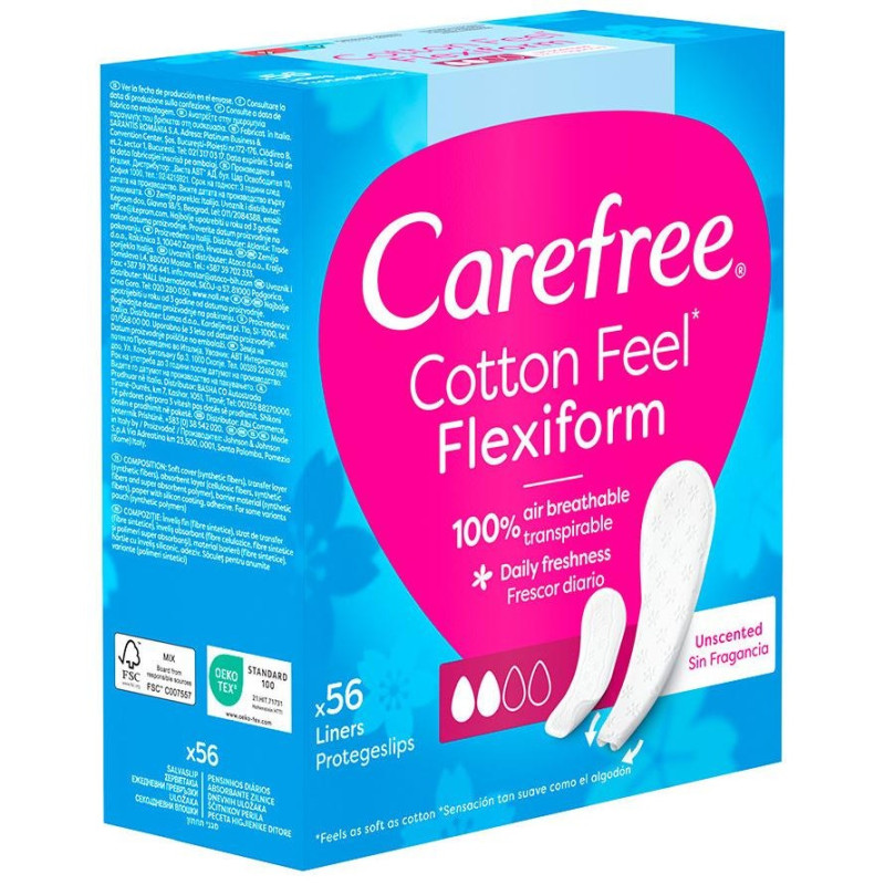 Algodón Normales - Protegeslips Transpirable sin Perfume, Flexible y Ultrafino 56 u - Carefree