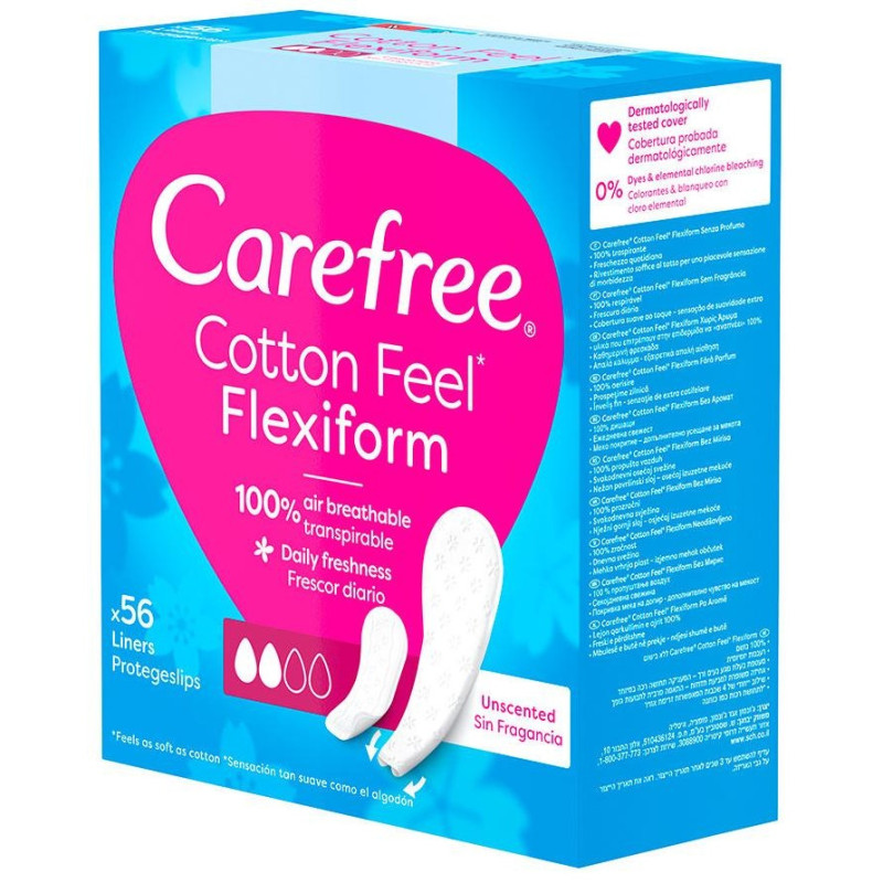 Algodón Normales - Protegeslips Transpirable sin Perfume, Flexible y Ultrafino 56 u - Carefree