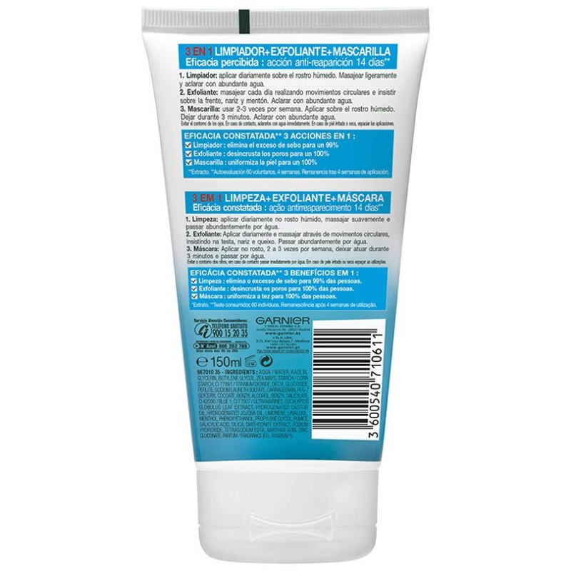 Pure Active 3 en 1 Gel Limpiador Piel Grasa 150ml - Garnier