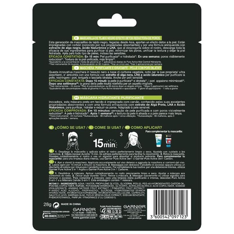 Pure Charcoal Mascarilla Facial Negra 1ud - Garnier