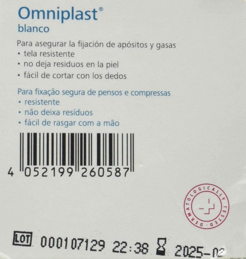 Esparadrapo Hipoalergico - Omniplast Tejido Resistente (1 Unidad 5 M X 1,25 Cm Color Blanco)