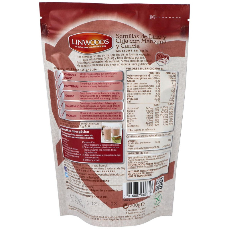 Semillas de Lino con Chia, Manzana Canela 200g Bio - Linwoods