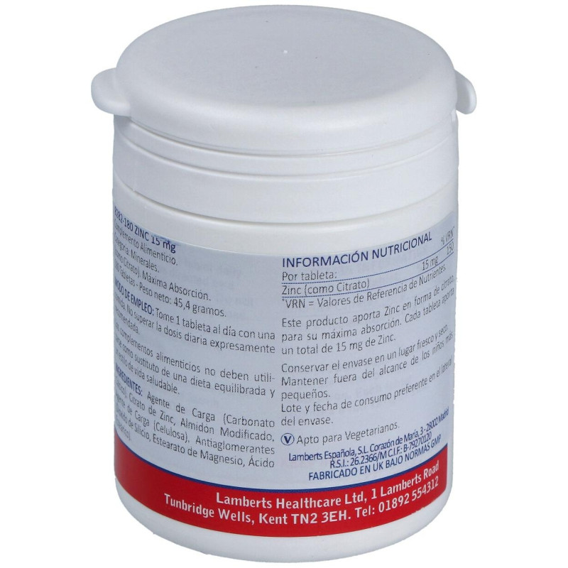 Zinc (como Citrato) 15 mg. 180comp - Lamberts