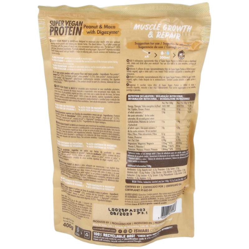 Super Vegan Protein Fitness Cacahuete - Maca 350gr 2 - Iswari