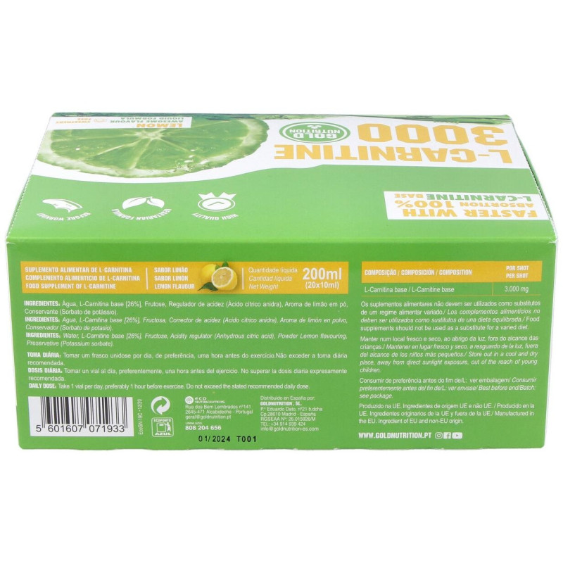 L Carnitina 3000 mg 20 Viales - Gold Nutrition