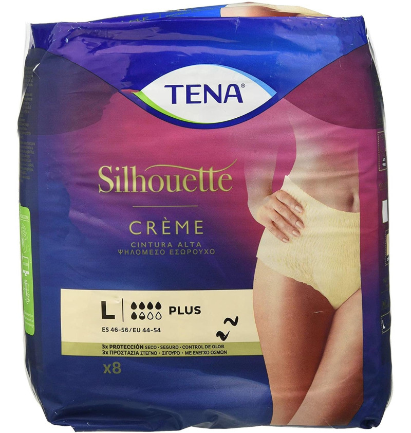 Absorbente Incontinencia Orina Dia Anatomico - Tena Silhouette Braga Cintura Alta Crema (8 Unidades Talla Grande) - Sca Hygiene Products