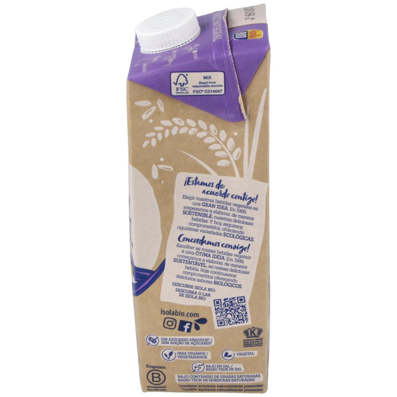 Bebida Vegetal de Arroz Integral 1lt 6uds. S/a - Isola