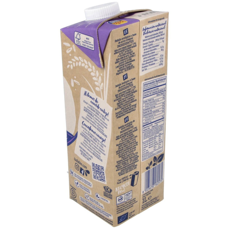 Bebida Vegetal de Arroz Integral 1lt 6uds. S/a - Isola