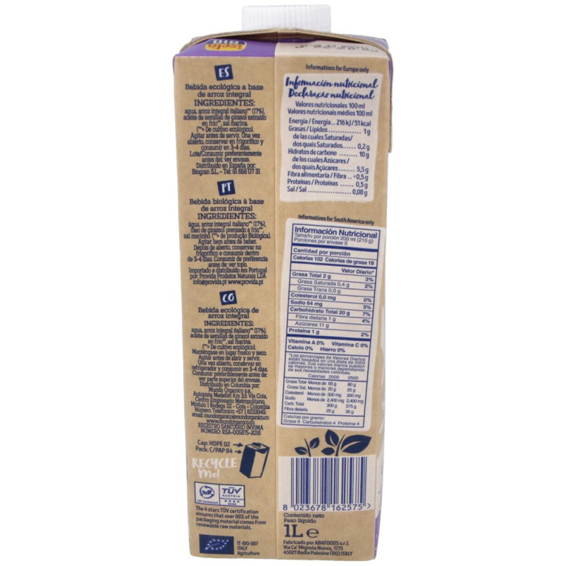 Bebida Vegetal de Arroz Integral 1lt 6uds. S/a - Isola