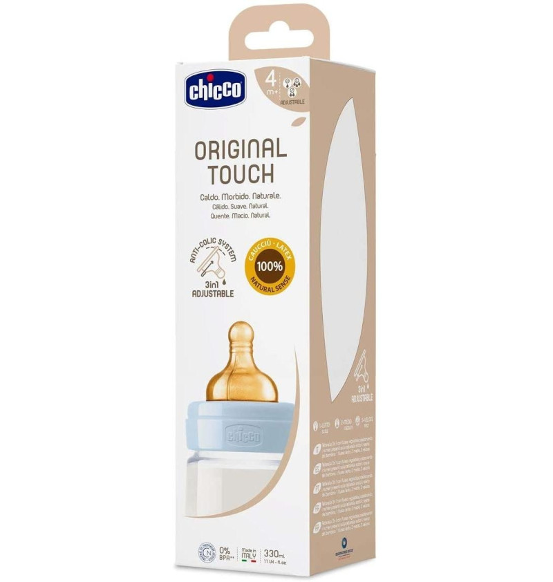 Biberon Plastico T Caucho - Chicco Original Touch (Azul 6M+ Flujo Rapido 330 Ml)