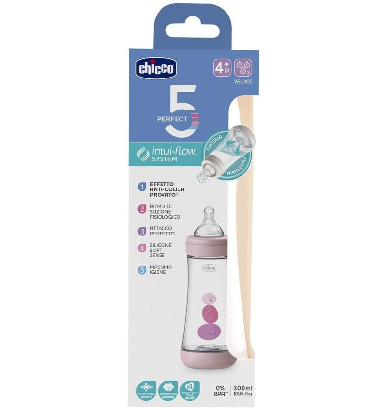 Biberón Plástico T Silicona, Chicco Perfect 5 Rosa, 4M+ Flujo Rapido, 300 Ml. - Artsana Spain