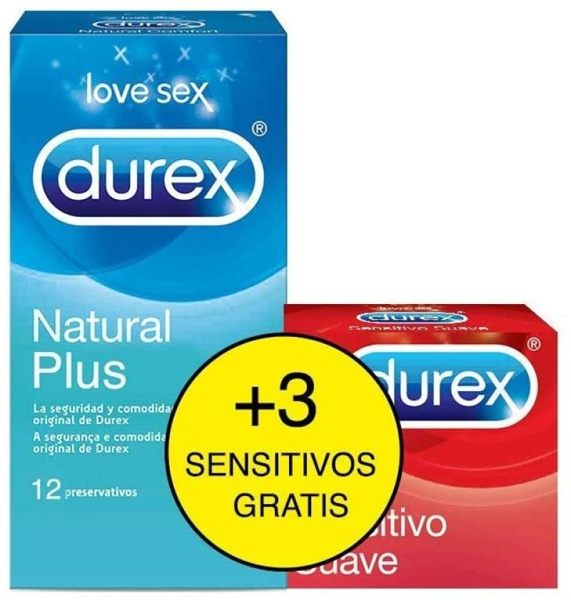 Durex Natural Plus + Durex Sensitivo Confort - Preservativos (12 + 3 Preservativos Pack) - Reckitt Benckiser
