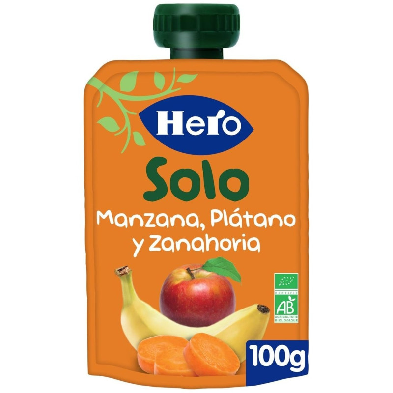 Baby Solo Ecológico Manzana Plátano y Zanahorias Bolsa 100g - Hero