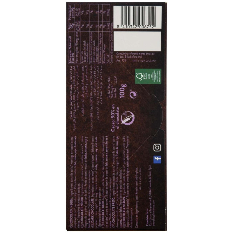 Chocolate Negro 90% Criollo Forastero 100g Bio Sg - Torras