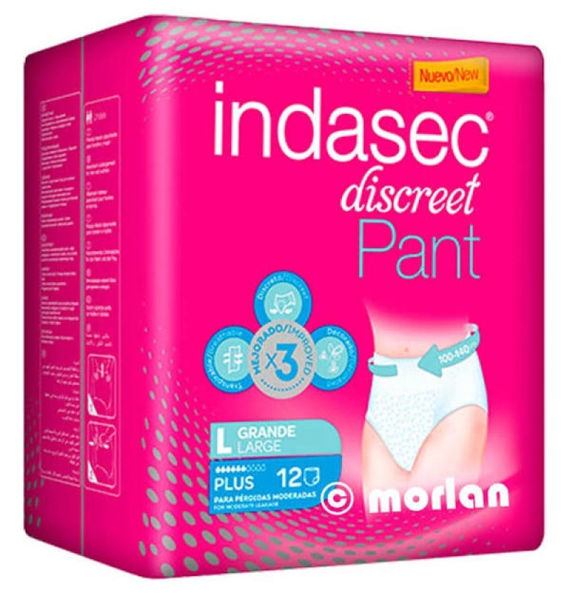 Indasec Pant Plus Absorbente Incontinencia Orina Dia Anatomico (12 Unidades Talla L) - Laboratorios Indas