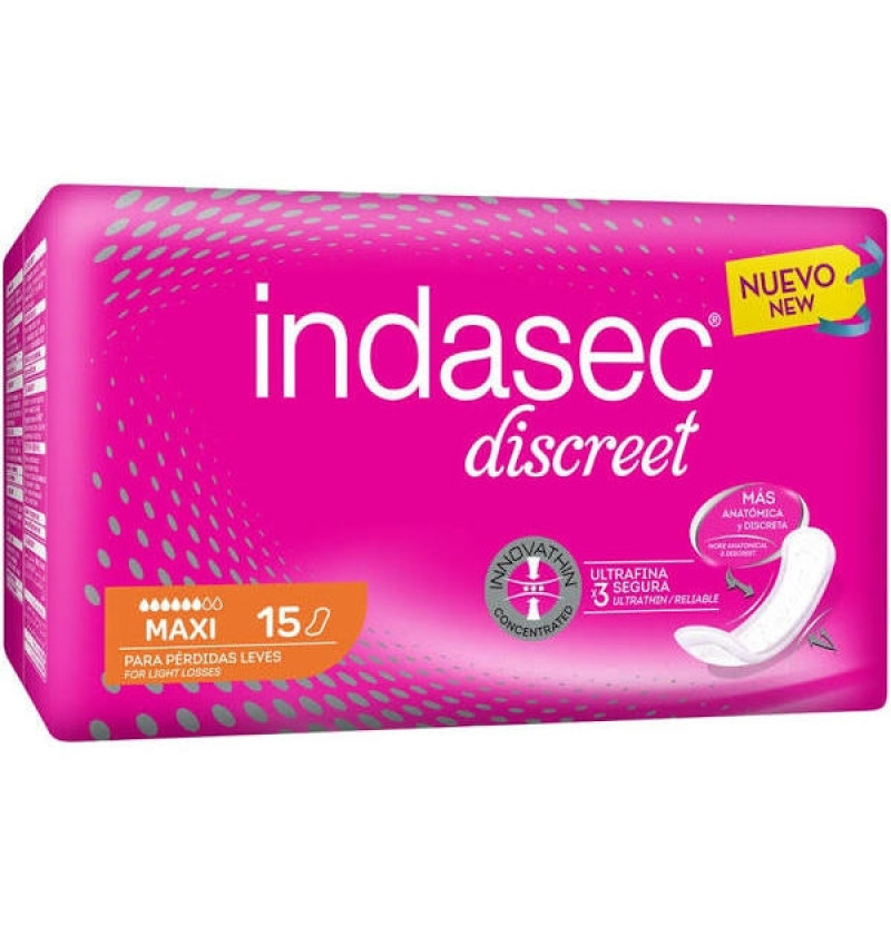 Indasec Discreet Maxi Compresa Perdidas Leves (15 Unidades) - Laboratorios Indas