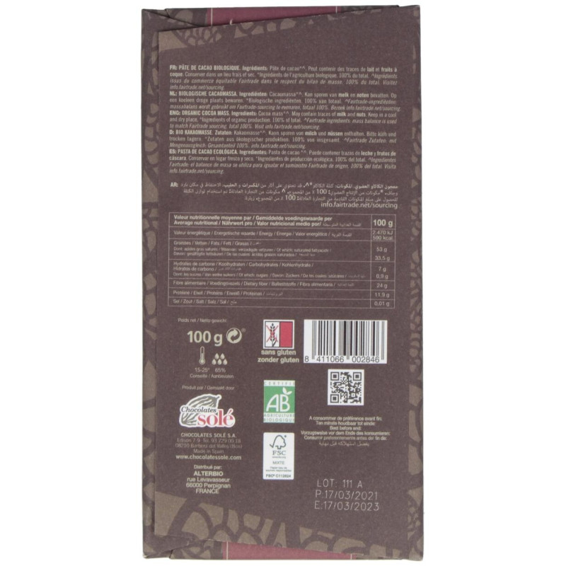 Chocolate Negro 100% 100gr. Eco Sg - Chocolates Sole