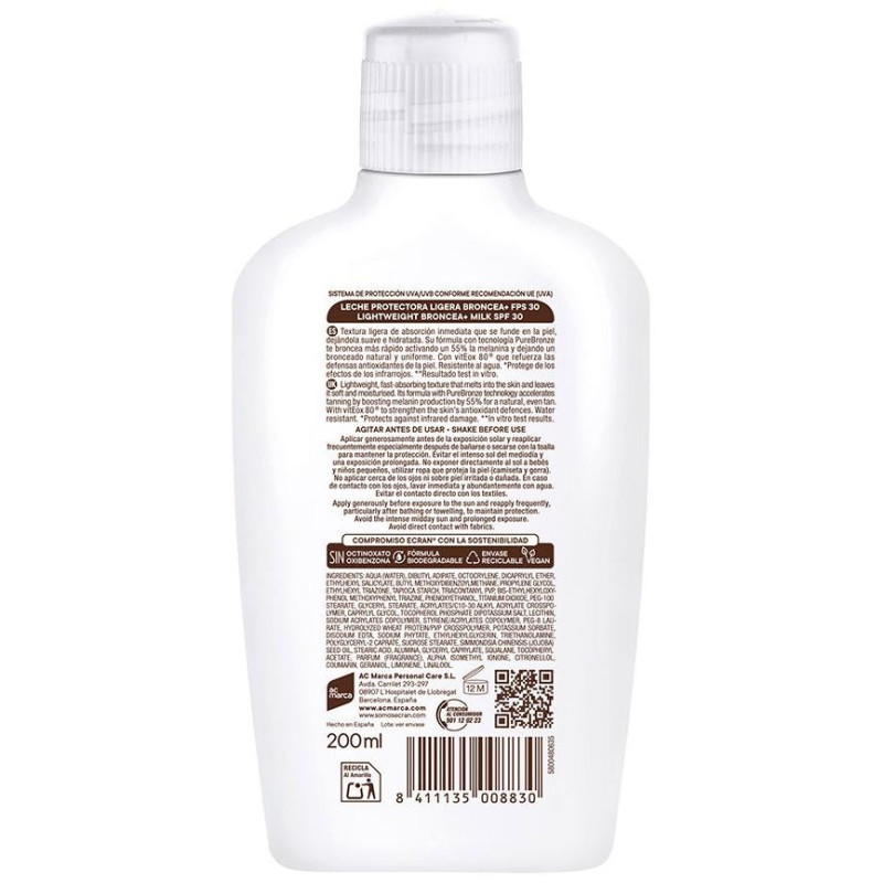 Sunnique Broncea+ Leche spf30 200 ml - Ecran