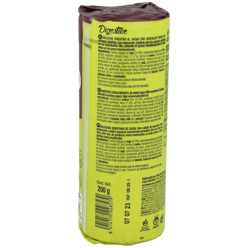 Galletas Digestive Cacao 0% Azucares 200gr - Santiveri