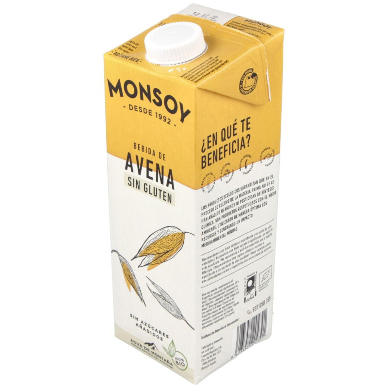 Bebida Vegetal de Avena sin Gluten 1lt 6uds. Bio - Monsoy