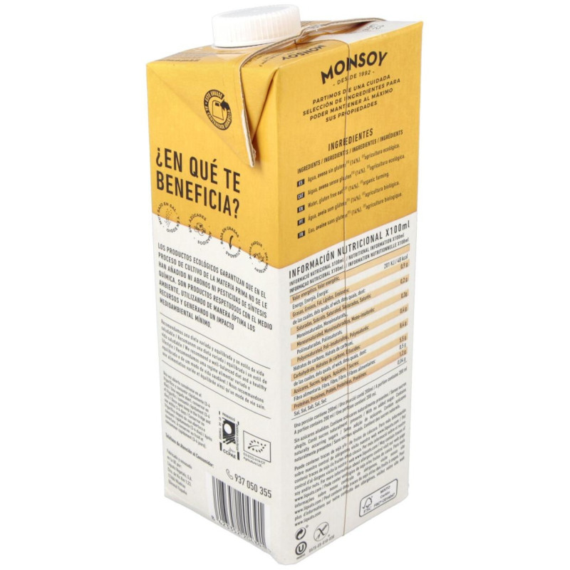 Bebida Vegetal de Avena sin Gluten 1lt 6uds. Bio - Monsoy