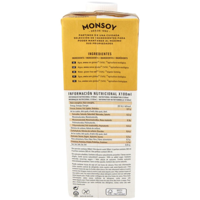 Bebida Vegetal de Avena sin Gluten 1lt 6uds. Bio - Monsoy