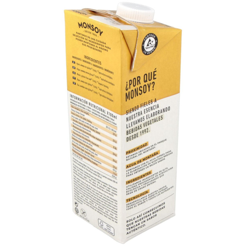 Bebida Vegetal de Avena sin Gluten 1lt 6uds. Bio - Monsoy